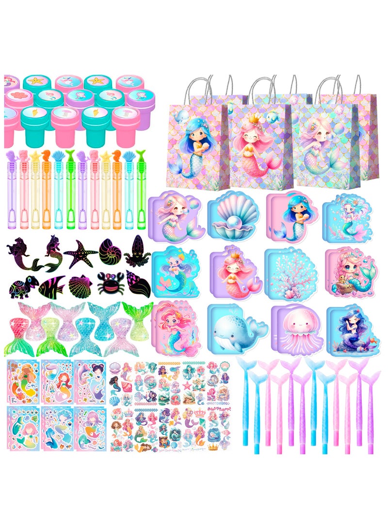 FRUITFUL PARTY Mermaid Party Favors for 12 Guests, 108pcs Mermaid Birthday Party Favor Set with Gift Bags, Stickers, Tattoos, Mini Notebooks, Bubble Wands, Pens, Scratch Art & Seals – Mermaid Theme Party Decoration Supplies - Image 1
